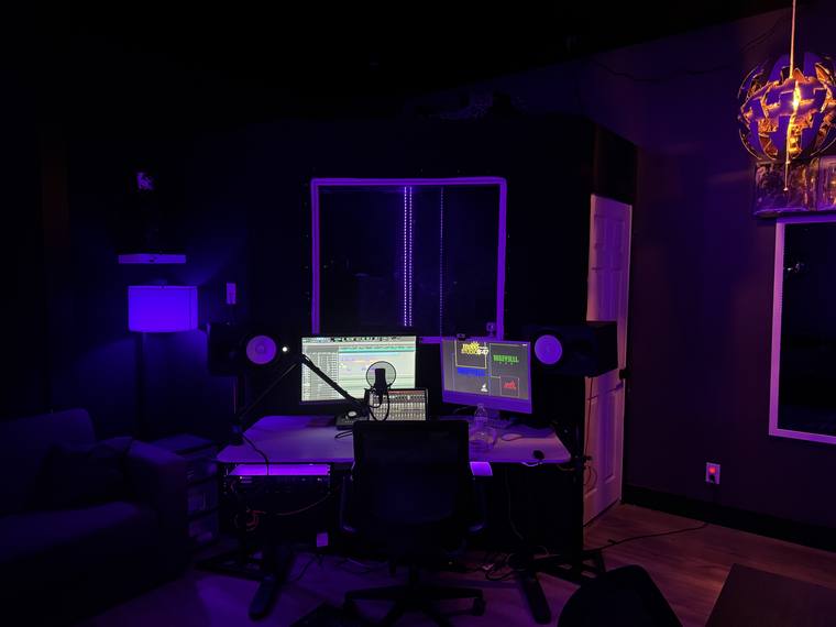Mobb Studios control room lit purple