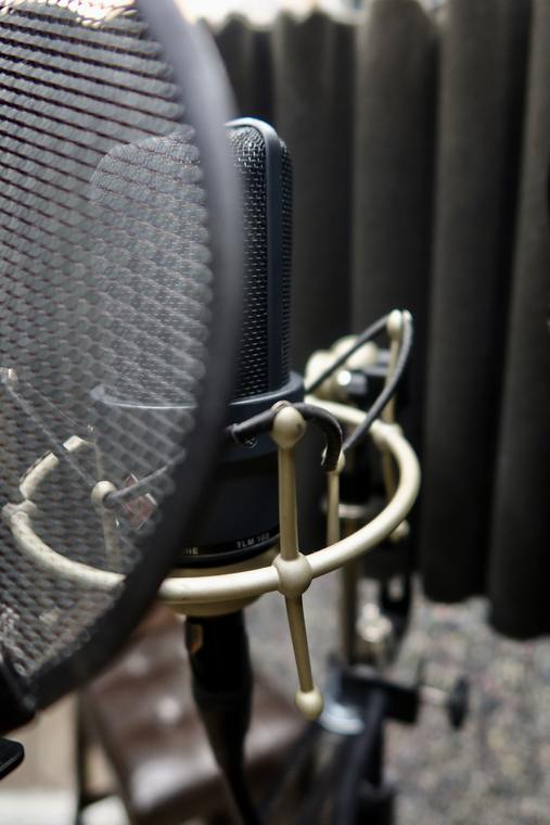 Neumann TLM 103 behind a pop filter in the vocal booth