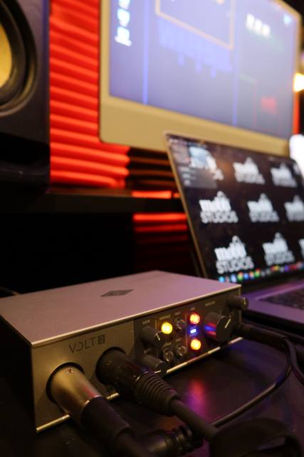 Universal Audio Volt 2 interface patched in at the desk